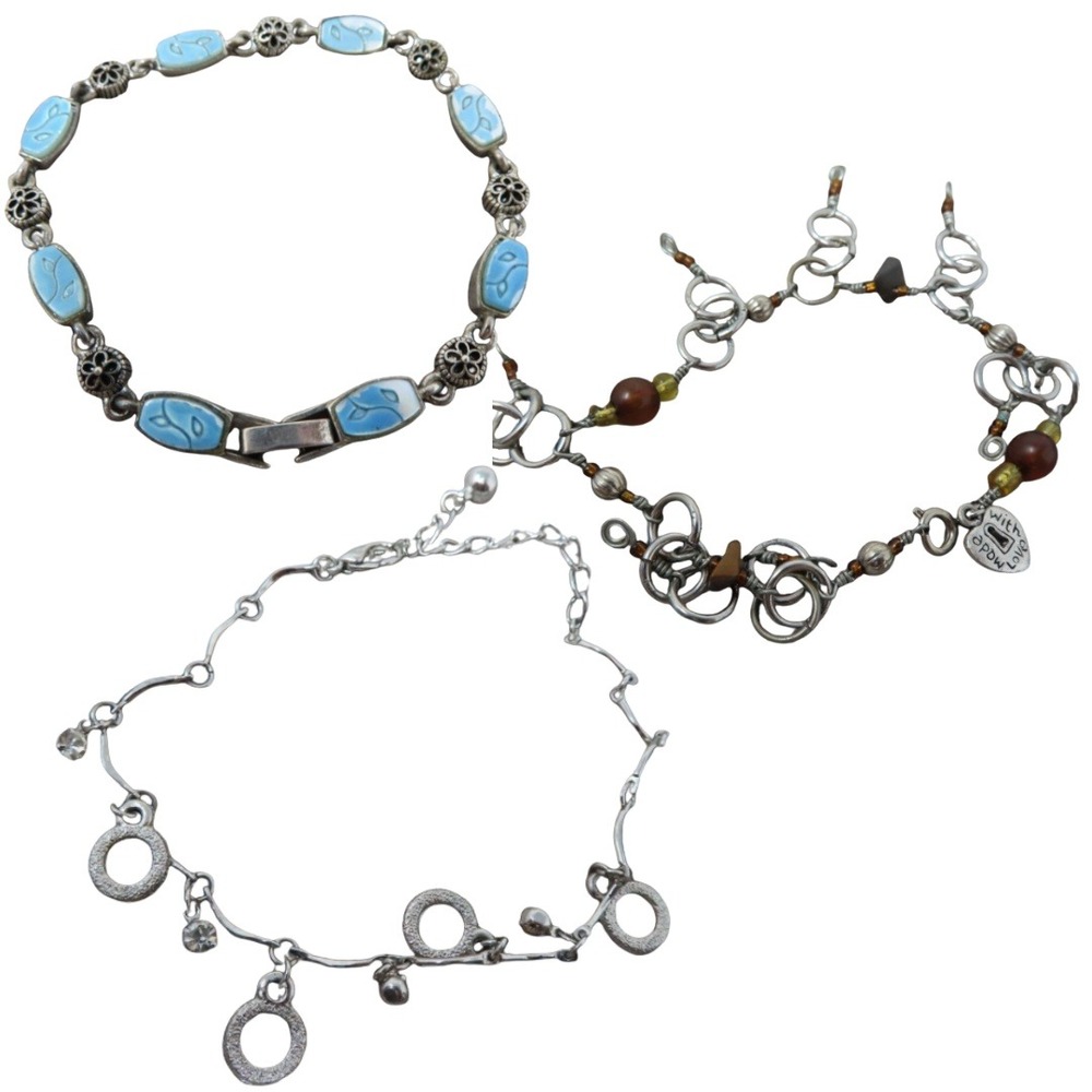 Vintage Silvertone Metal Bracelets Charms‎ Stones Beads Lot of 3